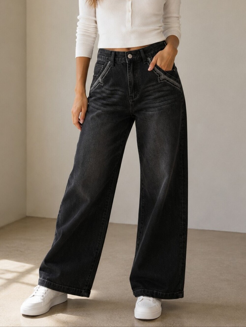 Flamingals Womens Black Wash Wide Leg Jeans High Rise Size Medium NWT